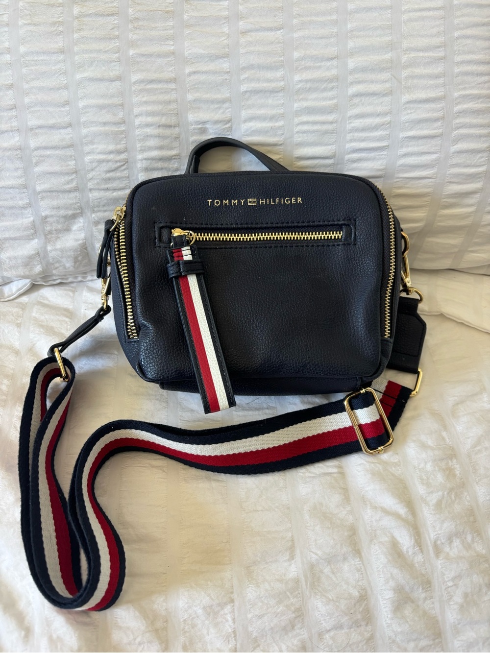 Tommy Hilfiger Black Leather Crossbody with Red-White-Blue Strap